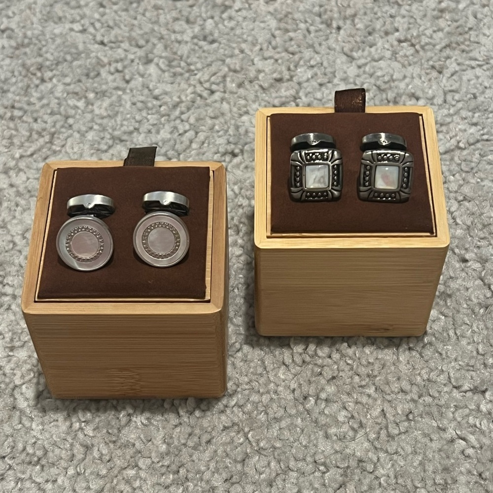 Silver Tone Cufflinks with White Mother-of-Pearl Inlay
